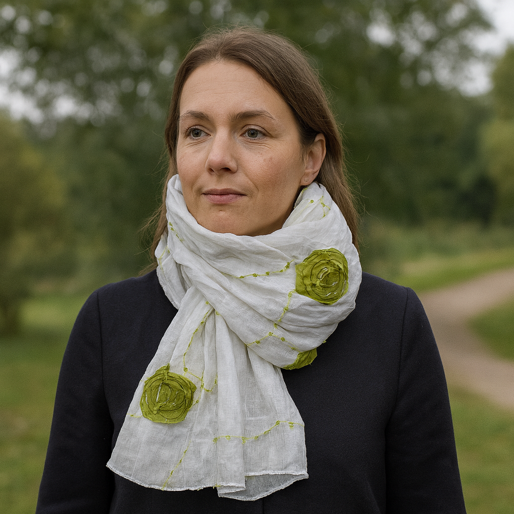 Chéche blanc à fleurs vert anis